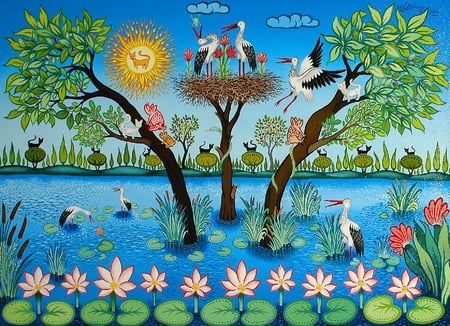 Koday Laszlo. Water lilies, storks and black cats - koday laszlo, blue, painting, flower, art, tree