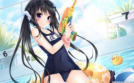 Water Gun - water, gun, girl, pigtails, long hair, rubber ducky, suit, float, pool, tube, swim