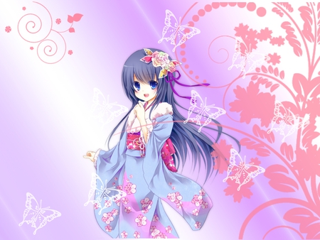 Anime - anime, girl, kimono, flower, petals, long hair, butterfly, cute, ribbon, bow, wallpaper