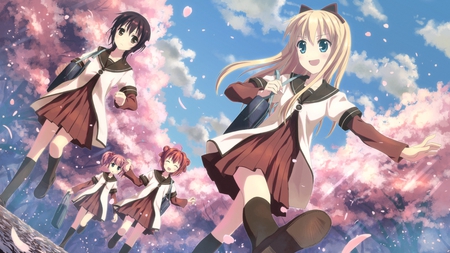 YuruYuri - girls, fun, sky, walking, cherry blossom, clouds, together, anime, yuruyuri, friends, uniform, tree