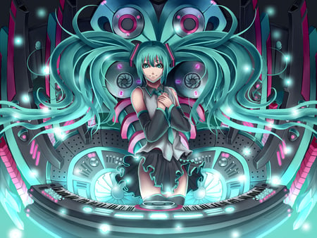 Miku - anime, twintails, aqua eyes, speakers, aqua hair, hatsune miku