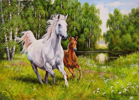 Elena Samarskaya . Picture : On will. 2011 year. - run, picture, nature, painting, art, horse, animal, tree, elena samarskaya, grass