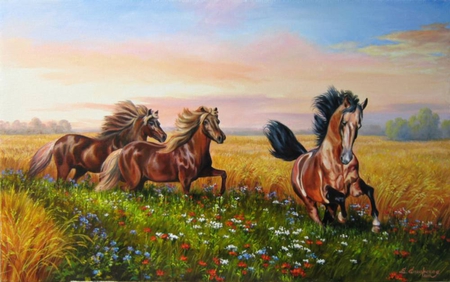 Elena Samarskaya . Picture : In the field of expanse. 2011 year. - painting, art, horse, animal, elena samarskaya, sunset, run