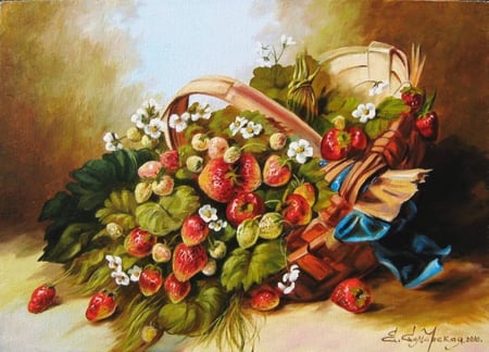 Elena Samarskaya . Picture : Bast basket of a wood strawberry (copy). 2010 year. - painting, strawberry, art, basket, elena samarskaya, fruit