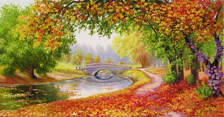 Elena Samarskaya . Picture : To the autumn of paint. 2011 year. - painting, autumn, art, river, elena samarskaya, tree, bridge, path