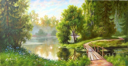 Elena Samarskaya . Picture : Morning. 2010 year. - painting, nature, art, river, elena samarskaya, tree, path