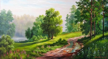 Elena Samarskaya . Picture : To small river. - river, nature, painting, art, tree, elena samarskaya