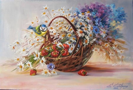 Elena Samarskaya . Picture : Still-life with the titmouse. 2010 year. - bird, strawberry, daisy, flower, oil, elena samarskaya, basket, painting, canvas, art