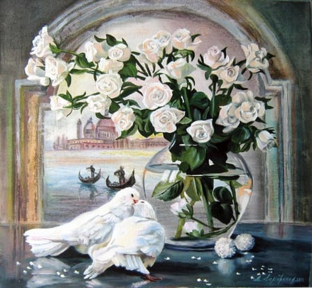 Elena Samarskaya . Picture : REMEMBERING VENICE!. 2011 year. - window, dove, boat, flower, oil, elena samarskaya, painting, venice, rose, art