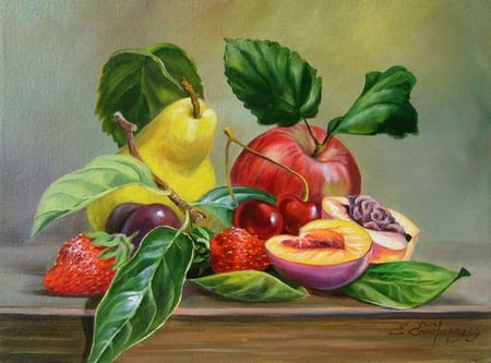 Elena Samarskaya . Picture : Midland still-life. 2009 year. - pear, strawberry, painting, fruit, art, elena samarskaya