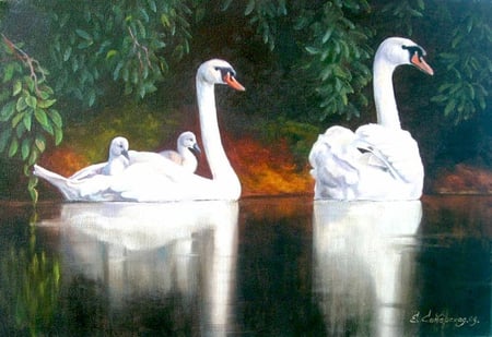 Elena Samarskaya . Picture : Domestic cortege. 2009 year. - swan, painting, art, animal, elena samarskaya