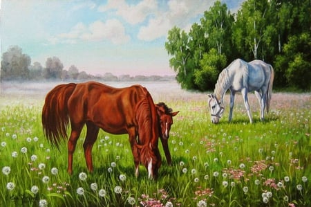 Elena Samarskaya . Picture : With mum not terribly. 2011 year. - nature, painting, art, horse, landscape, animal, elena samarskaya, grass