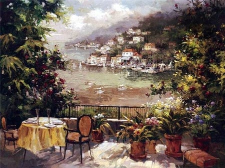 In warm areas. Peter Bell - painting, art, peter bell, terrace, table, tree