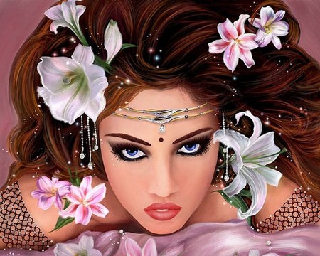 girl face - flowers, fantasy, girl, eyes, face, art