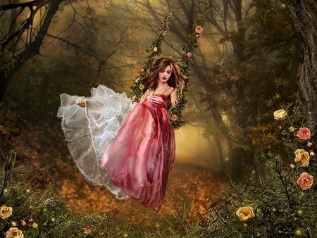 girl on swing - pretty, trees, innocent, girl, angel, forest, sweet, flowers, swing, fantasy, red, woman, art