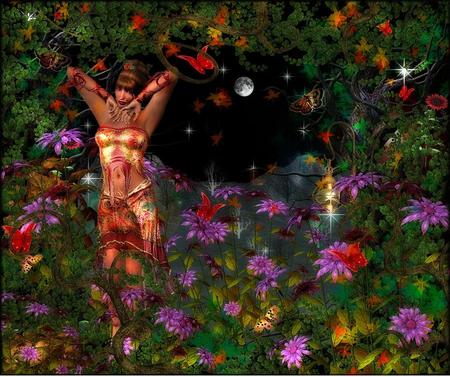 Lady in garden - flowers, moon, butterfly, lady