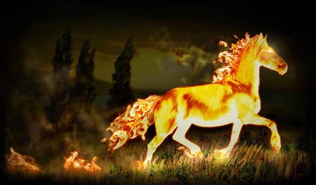 Trotting Inferno - sky, hot, mountain, trees, trotting, smoke, water, field, fire, inferno, weeds, horse, clouds, grass