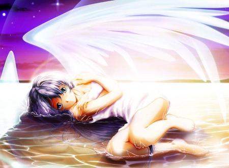 Cool Off - heaven, anime, beach, white wings, sea, beauty, angel, ocean