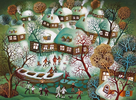 V.Povarova. Winter fun - painting, village, art, v povarova, winter