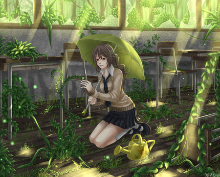 Jungle school - anime, water, green, school girl