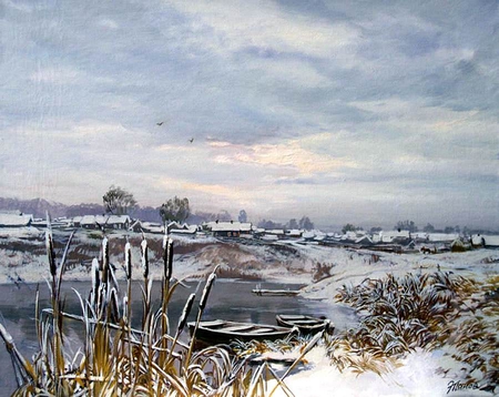 E.Panov. Partly Cloudy - winter, e panov, river, boat, village, painting, art