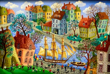 V.Povarova - painting, village, art, v povarova, sailboat