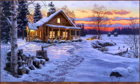 Darrell Bush. Winter bliss - wallpaper, popular, winter, log cabin, cottage, cabin, darrell bush, art, ice, sunset, nature, painting, snow