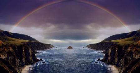 RAINBOW COVE - sky, ocean, cove, rainbow, clouds, waves