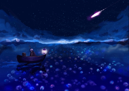 The lake - night, lake, boat, man