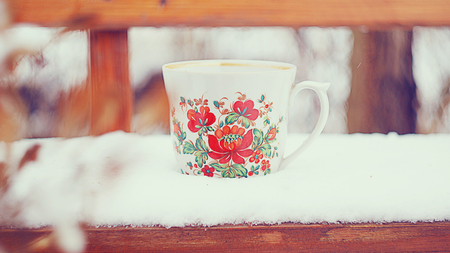 Hot Coffee on a Cold Winter's Day - coffee, cold, hot, snow, beautiful, winter, bench, cup