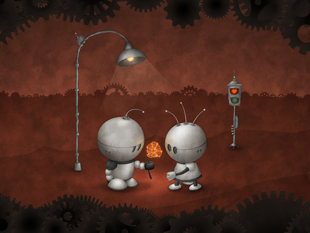 Robots in love - traffic, lamp, love, flower, dark, robot, red, valentine, two, gift, android, machine