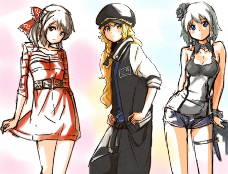 red team - anime, hakurei, blue, brown, eyes, dress, blonde, flowers, reimu, hat, girl, hair, braids, gray, izay, cute, sexy