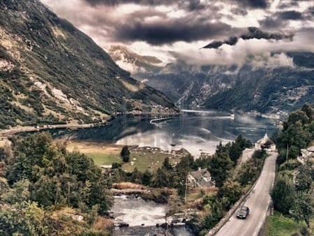 Fiordo de geiranger, Norway. - nature, sky, ship, cloud, mountain, fjord, road