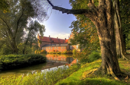 First Day of Autumn - fall, path, river, nature, autumn, tree, building