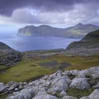 Gjarbotnur Vgafjrur Fjord and Vgar Island in the distance from Streymoy Faroe-Islands, Denmark..