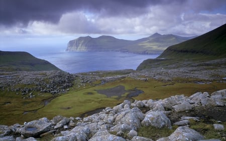 Gjarbotnur Vgafjrur Fjord and Vgar Island in the distance from Streymoy Faroe-Islands, Denmark.. - fjord, nature, denmark, rock, landscape, island, sea, mountain