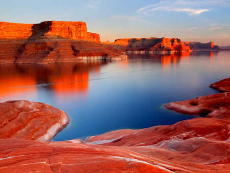 Beautiful bay - water, mirrored, sea, reflection, nature, red, lake, sky, rocks, bay