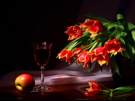 Still life - nice, glass, fruits, tulips, lovely, wine, still life, pretty, red, beautiful, table, flowers, apple, harmony