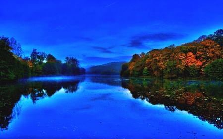 RIVER  REFLECTIONS - lake, autumn, mountain, night, fog