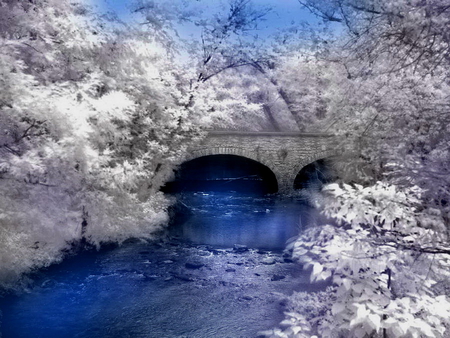 Winter stone bridge - stone, cold, frost, river, water, winter, bridge