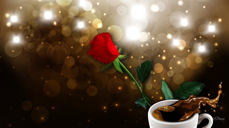 Coffee Break - bokeh, red rose, coffee, brown, cafe, sparkles, glow, java, sparks, splash, cup