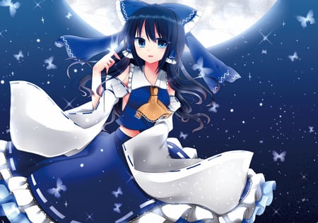 Hakurei Reimu - moon, anime, blue, girl, kimono, night, long hair, stars, happy, bright, butterfly, ribbon, full, bow, hakurei reimu