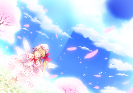 Lily White - sky, girl, trees, lily white, shine, cherry blossom, pink, clouds, petals, anime, cheerful, fairy, grass, happy