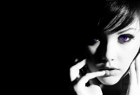 Purple Eyes - black, white, purple, fingers, girl, eyes, face, bangs