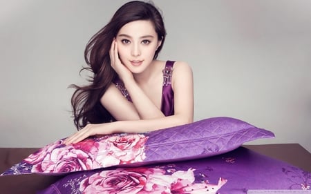 Model - purple, pillow, long hair, oriental, asian, model