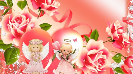 Roses for Tiny Angels - girls, roses, ribbons, hearts, butterfly, valentines day, angels, sweet, flowers