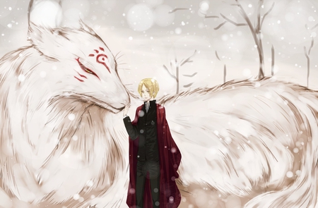 Boy and his Fox - boy, big, white, fox, snow, red blond hair