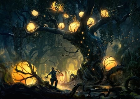 Find the source of light... - light, magic, men, night, fantasy, wood, balls, painting, art, tree