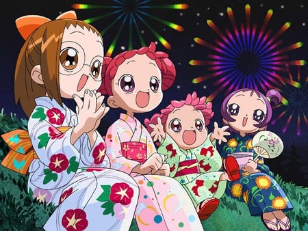 Magical Festival - anime, grassy hill, festival, kimono, night, magical do re mi, do re mi, paper fan, fireworks, other