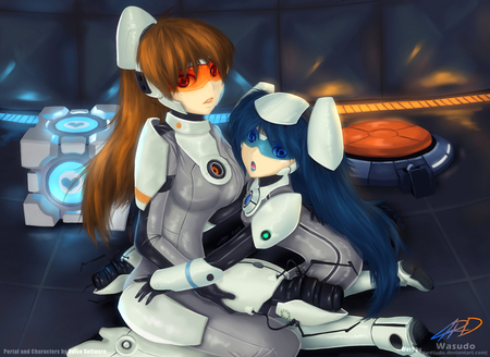 Atlas and P Body - girls, anime, blue, portal, orange, video games